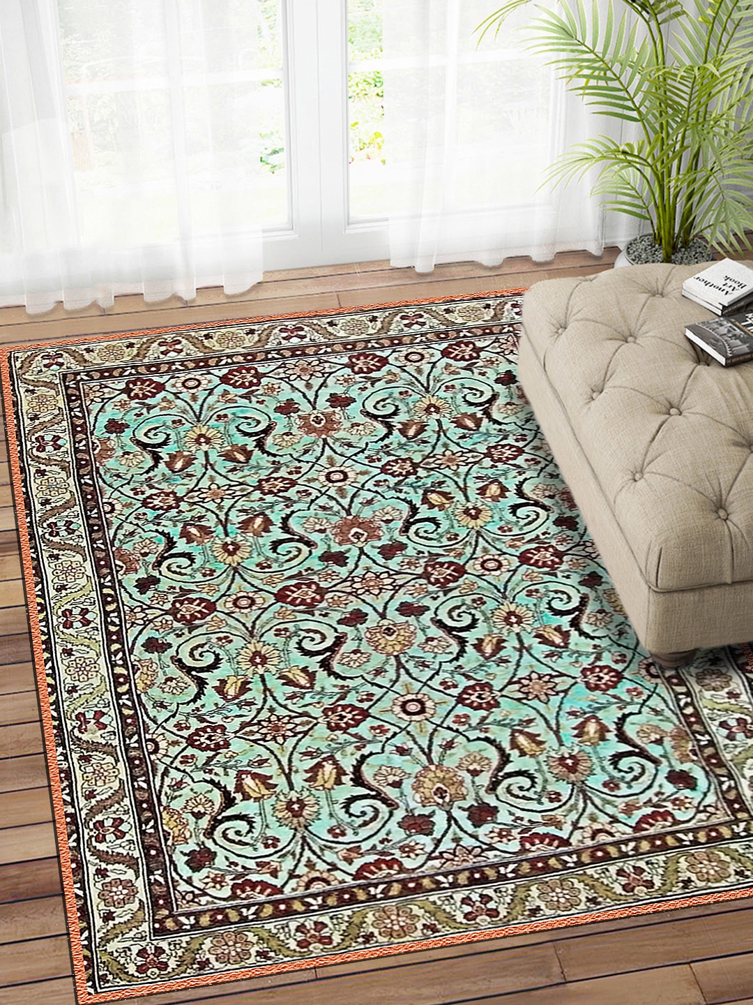 

Status Turquoise Blue & Maroon Printed Nylon Anti-Skid Carpet