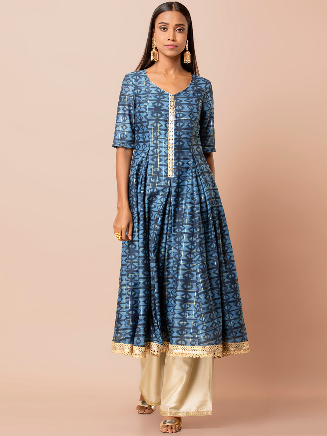 

INDYA Women Blue & Golden Printed A-Line Kurta