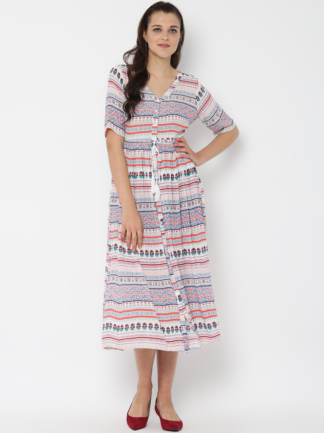 

People Women Striped White Fit and Flare Dress