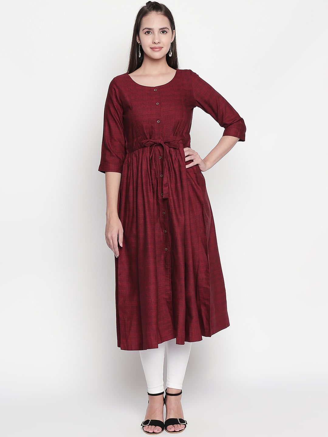 

AKKRITI BY PANTALOONS Women Red Checked Fit and Flare Dress