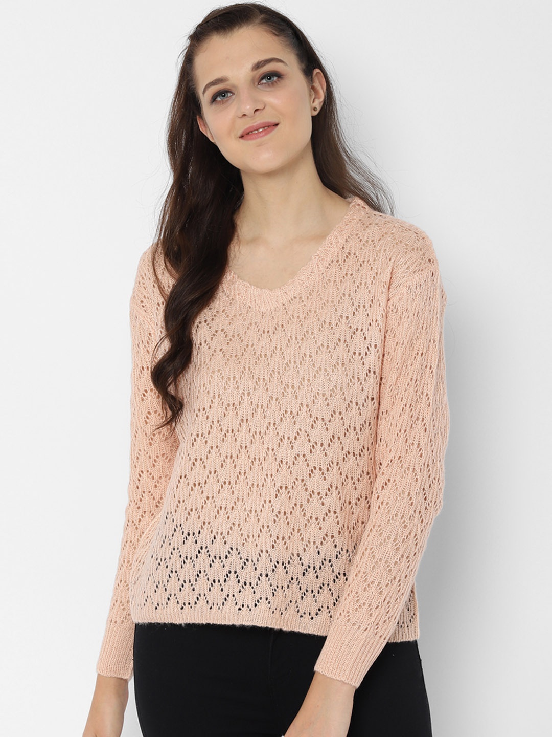 

People Women Beige Self Design Sweater