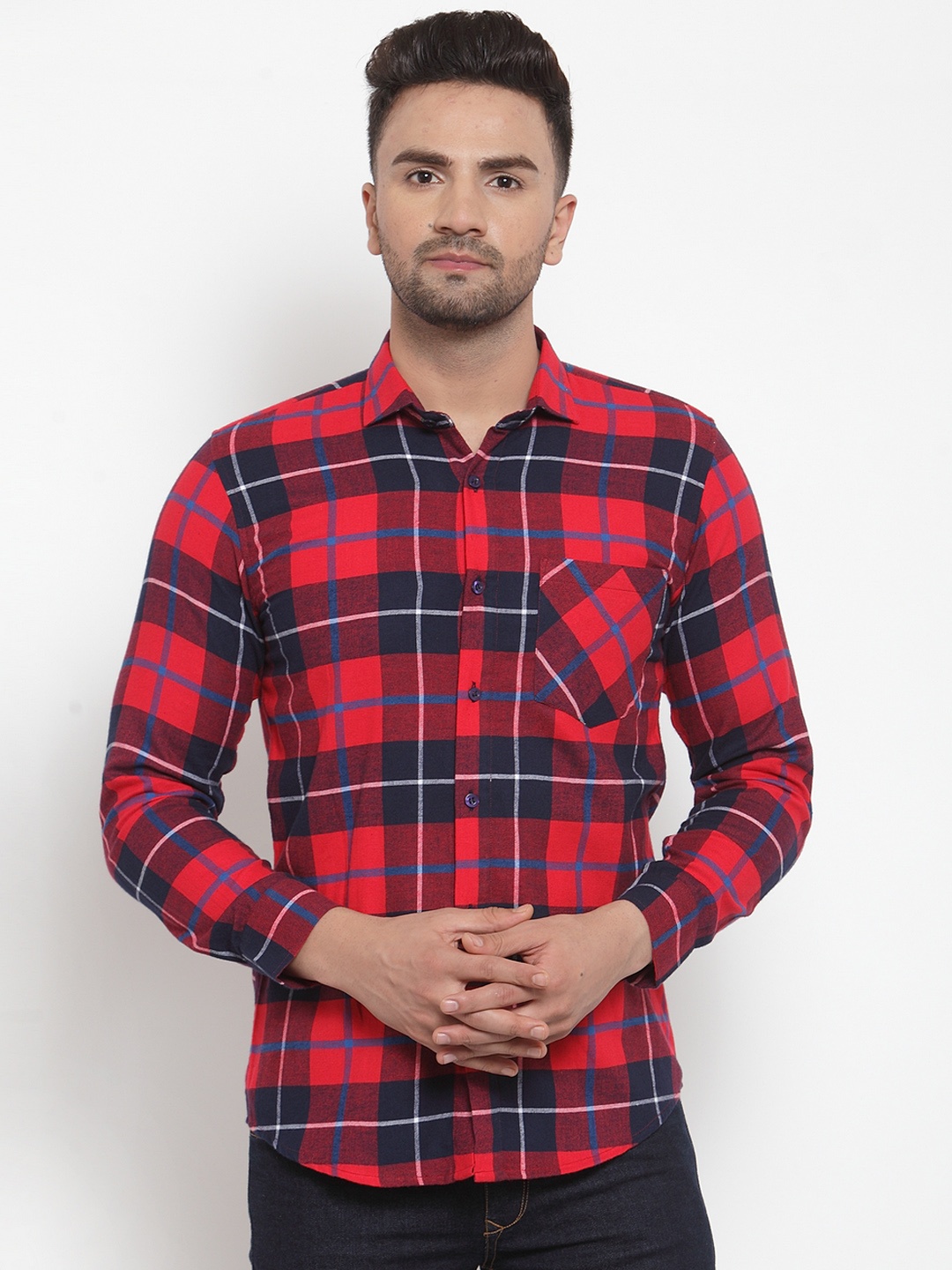 

Purple State Men Red & Navy Blue Slim Fit Checked Casual Shirt