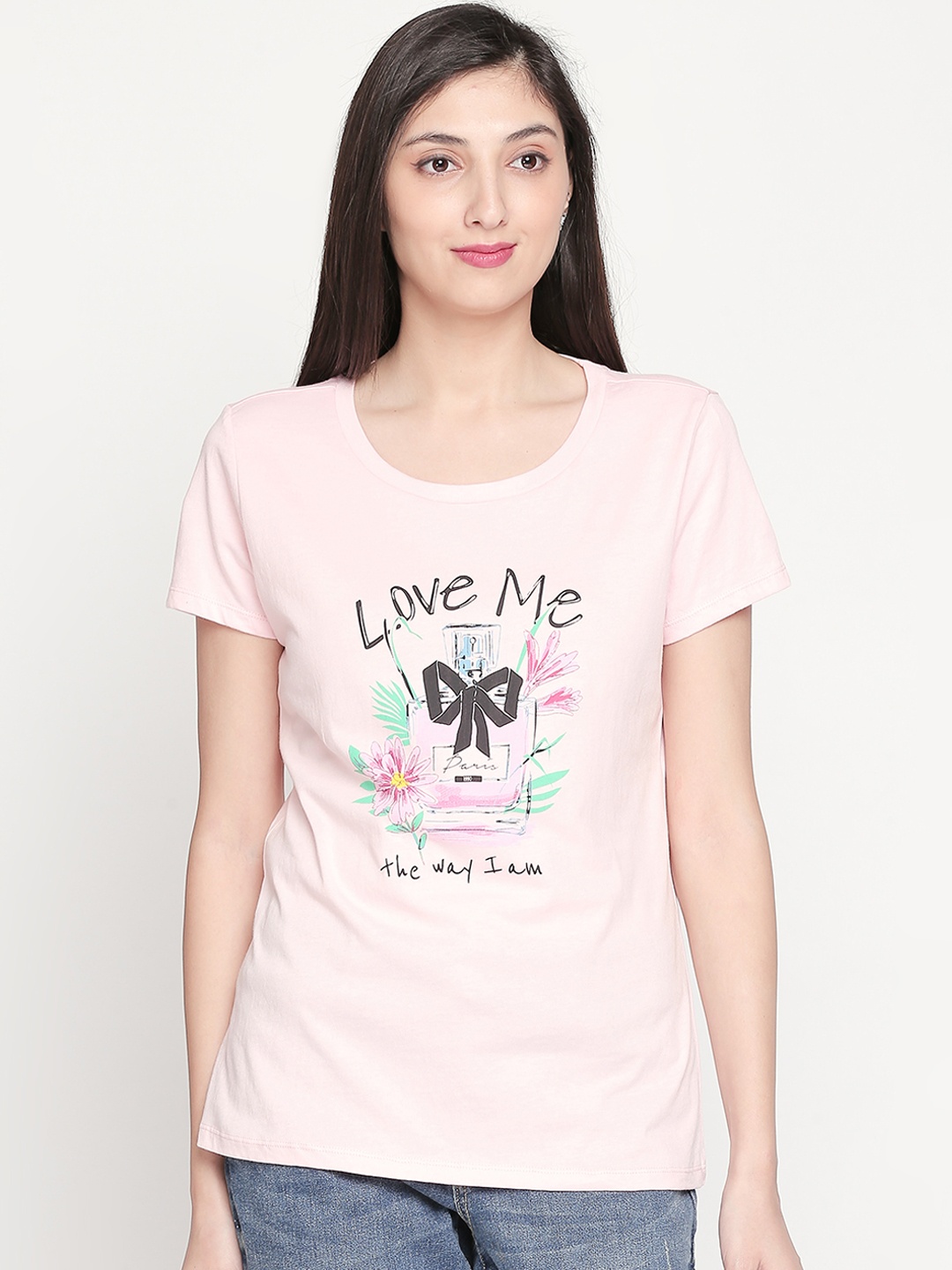 

Honey by Pantaloons Women Pink Printed Round Neck Pure Cotton T-shirt