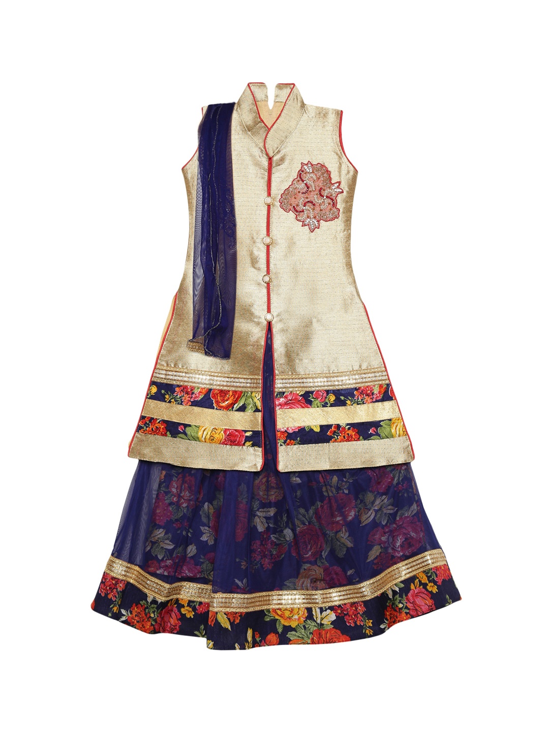 

Kidling Navy Blue & Red Embroidered Ready to Wear Lehenga & Blouse with Dupatta