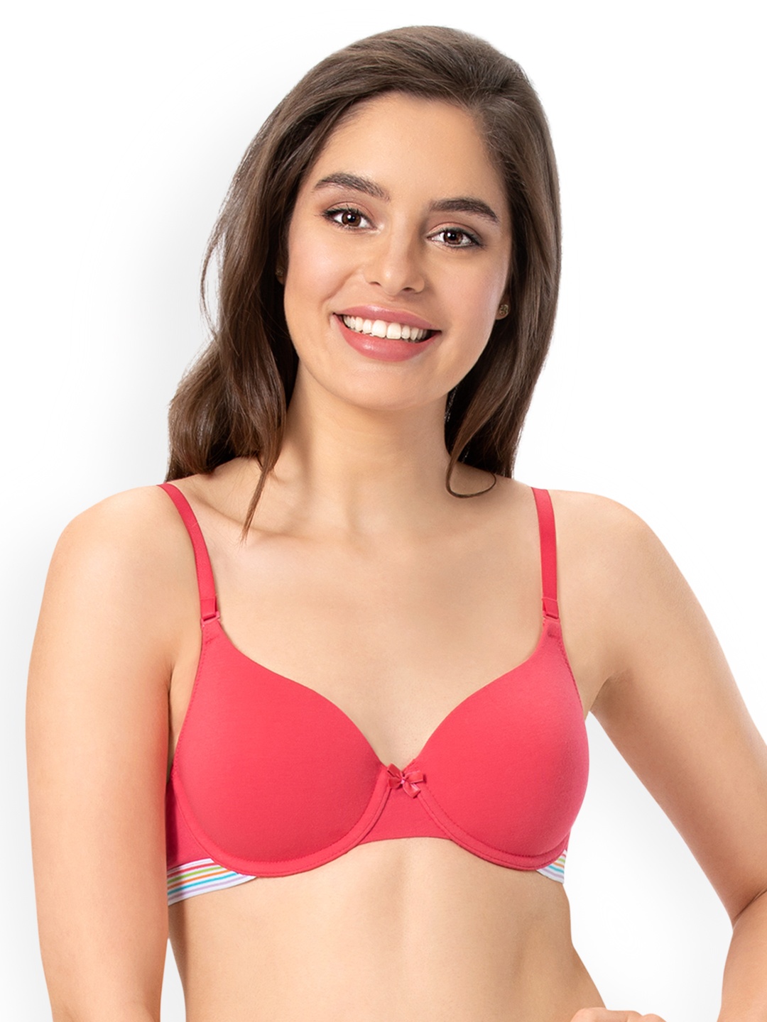 

every de by amante Solid Padded Wired Sassy Stripes T-Shirt Bra - EB011, Coral