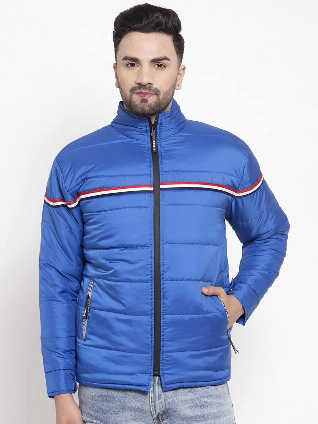 

VOXATI Men Blue Striped Padded Jacket