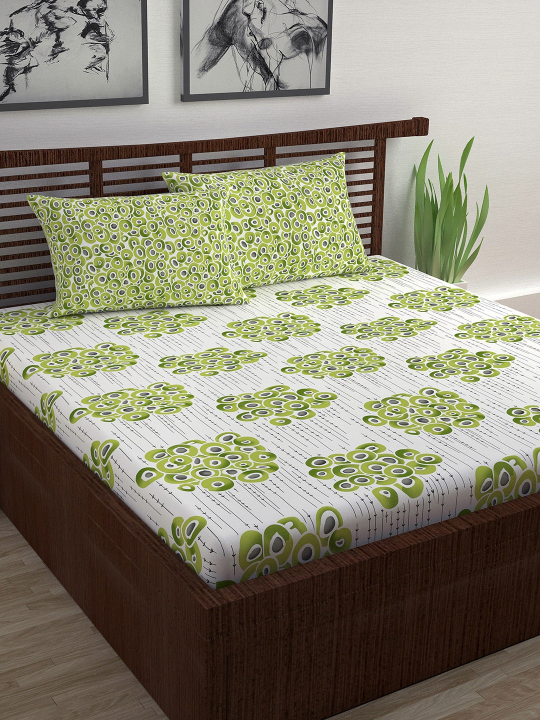

Divine Casa White & Green Printed 120 TC Double Bedsheet with 2 Pillow Covers