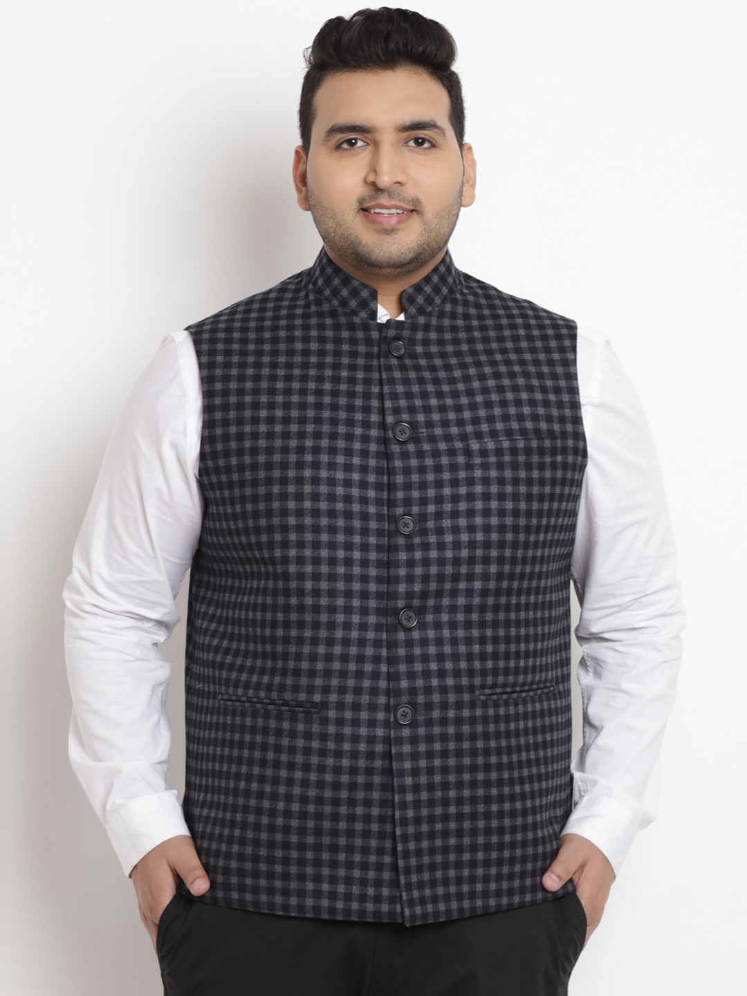 

John Pride Plus Size Men Black Grey Checked Woven Single-Breasted Nehru Jacket