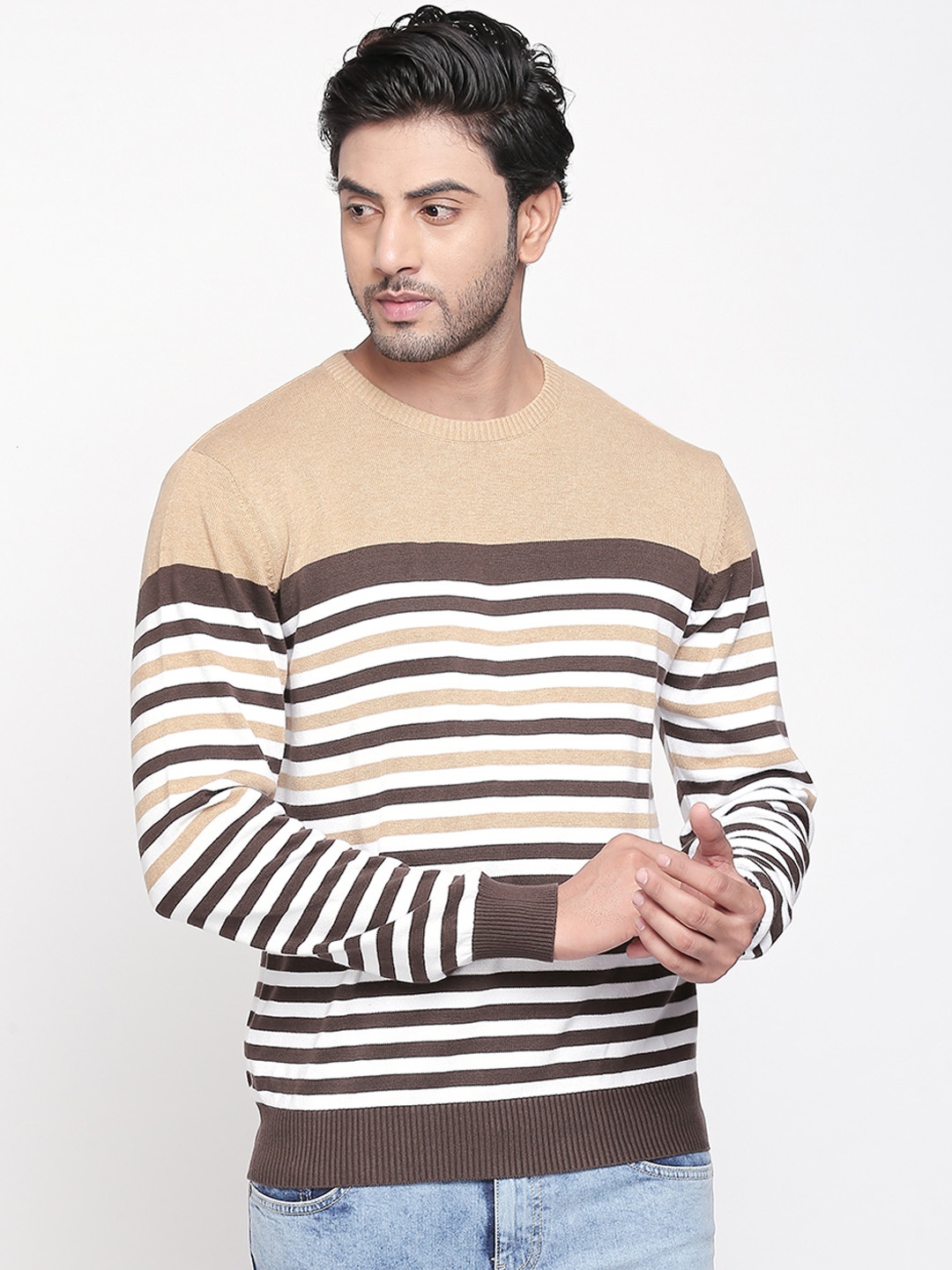 

BYFORD by Pantaloons Men Brown & White Striped Sweater