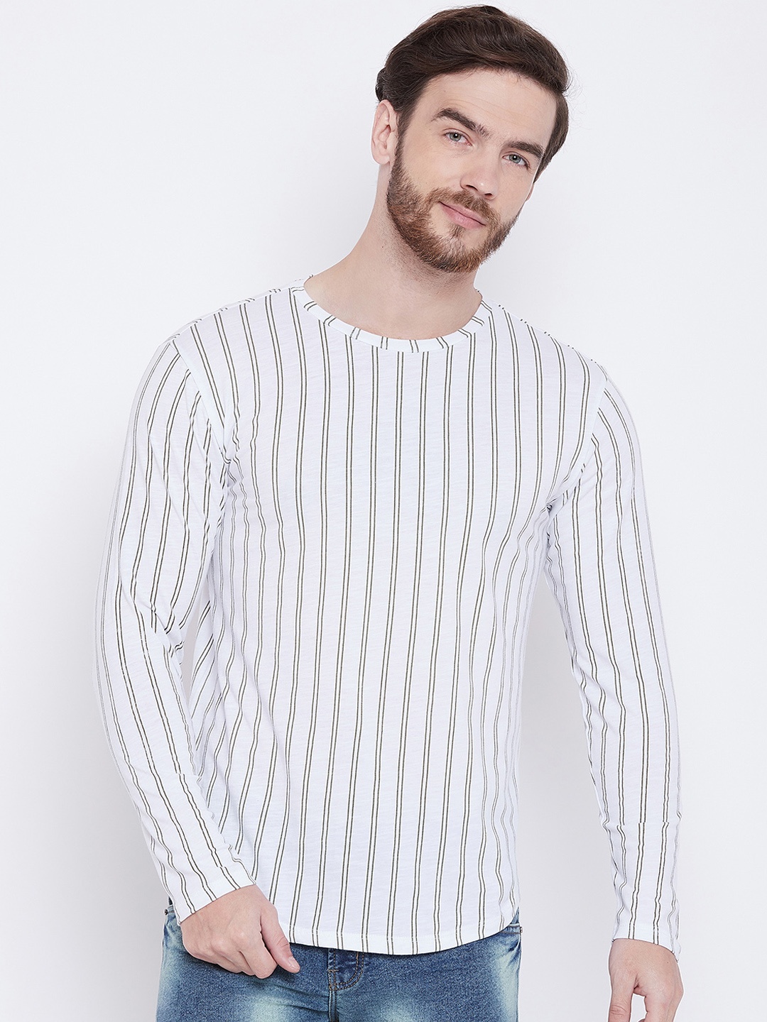 

LE BOURGEOIS Men Olive Green Striped Round Neck Pure Cotton T-shirt