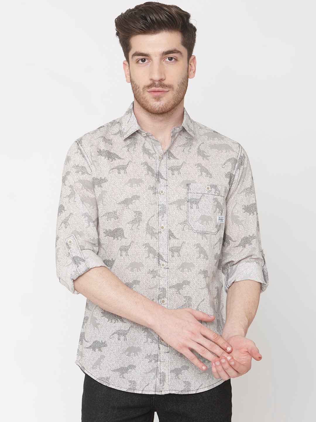 

Mufti Men Off-White & Grey Printed Slim Fit Casual Shirt