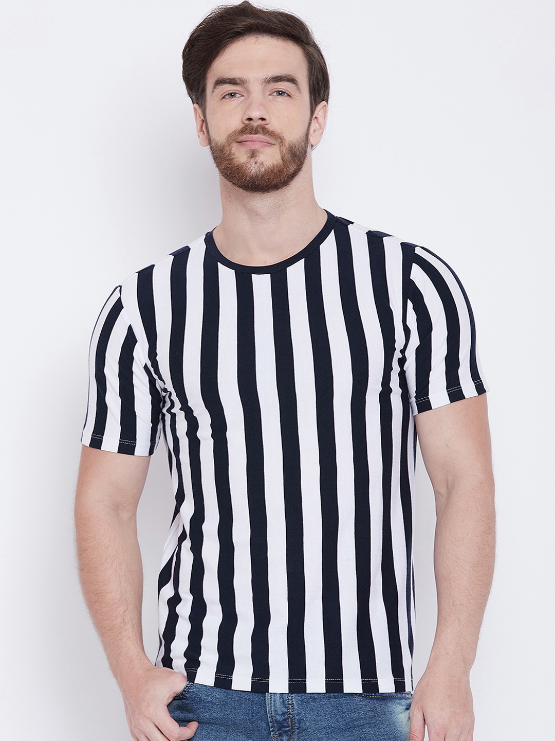 

LE BOURGEOIS Men Navy Blue Striped Round Neck Pure Cotton T-shirt