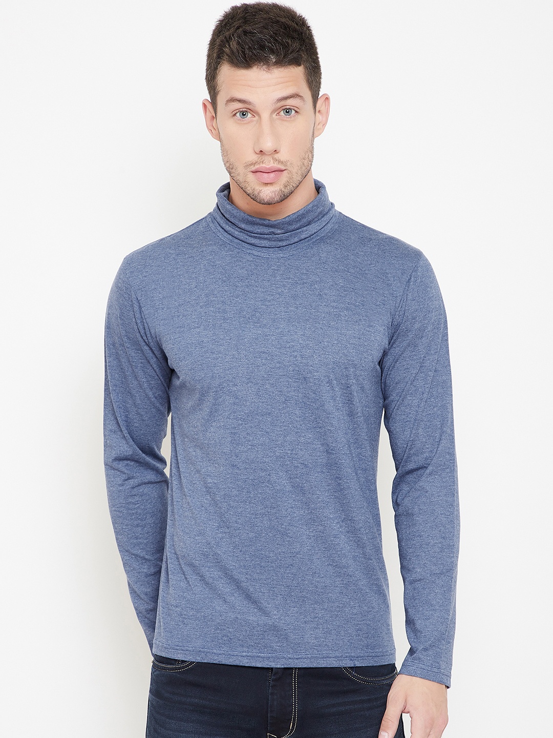 

GRITSTONES Men Blue Solid Turtle Neck T-shirt