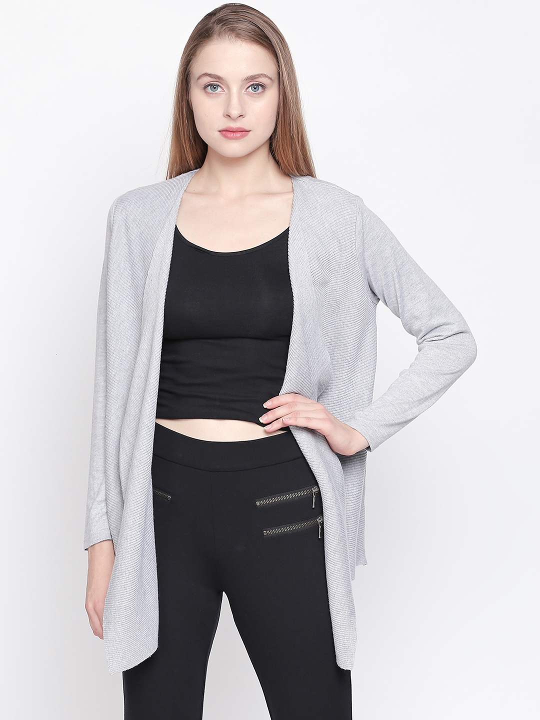 

Annabelle by Pantaloons Women Grey Solid Open Front Winter Shrug