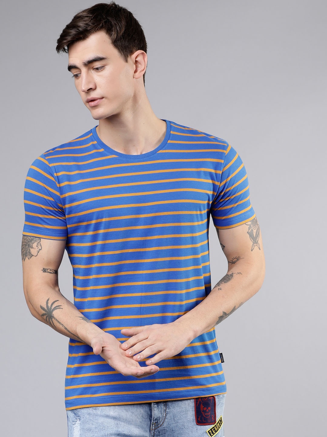 LOCOMOTIVE Men Blue Striped Round Neck T-shirt