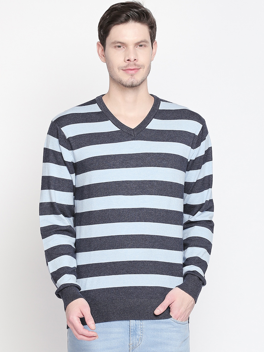 

BYFORD by Pantaloons Men Navy Blue & Mint Green Striped Sweater