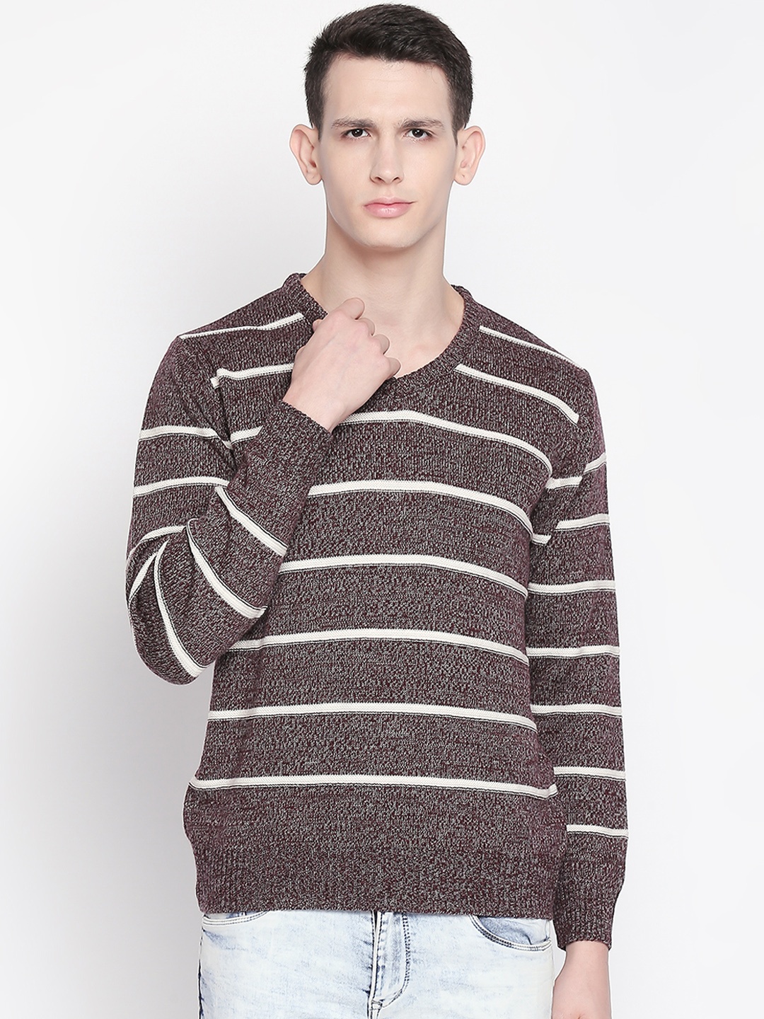

BYFORD by Pantaloons Men Maroon & Grey Striped Sweater