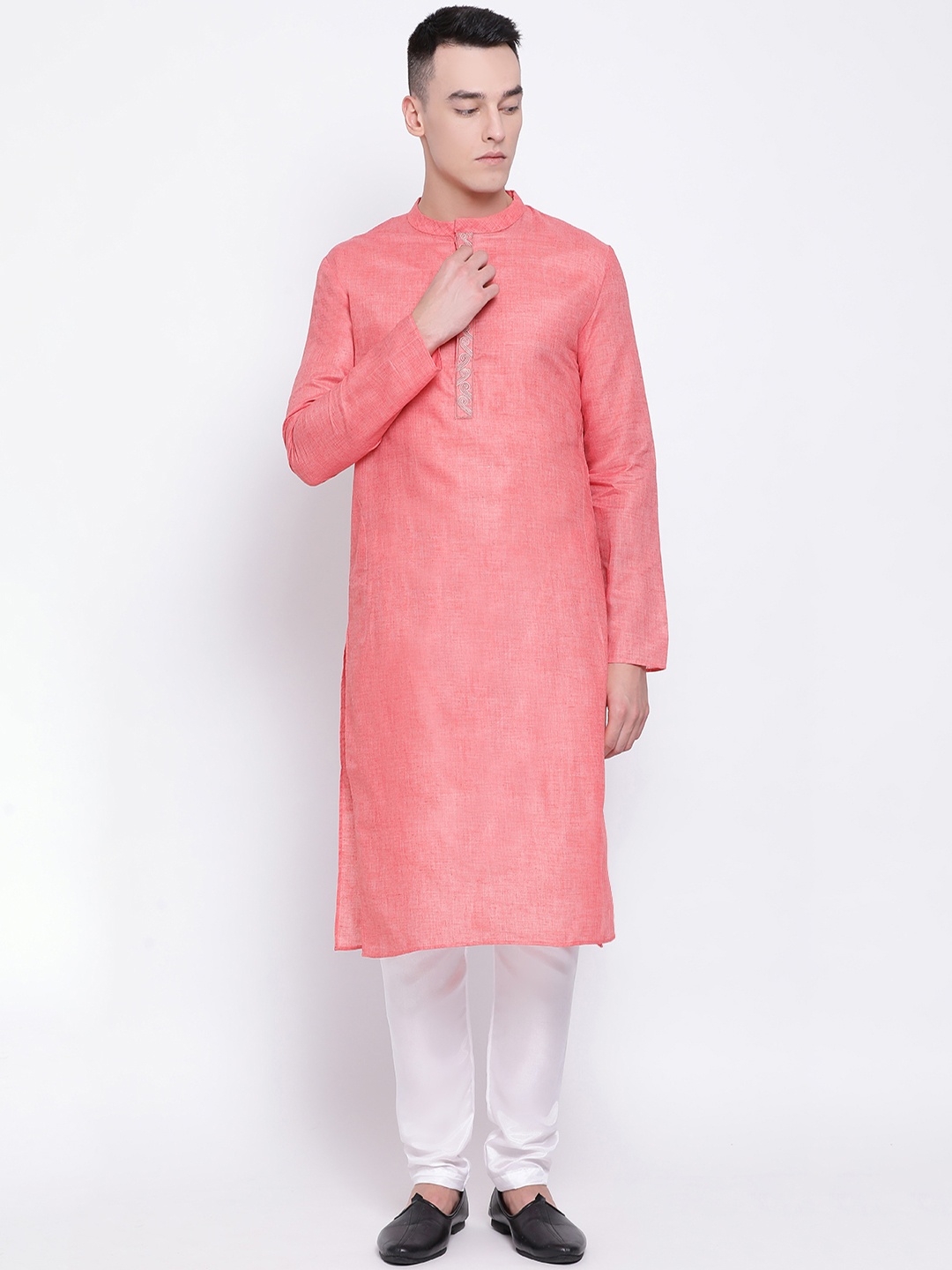 

DEVOILER Men Peach-Coloured Solid Straight Kurta