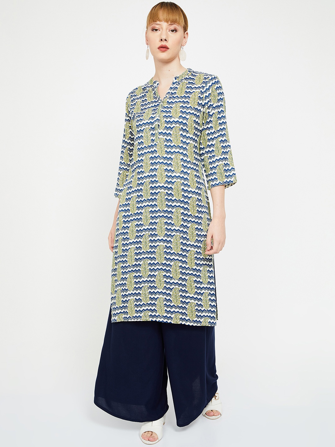 

Melange by Lifestyle Women Green & White Printed Straight Kurta