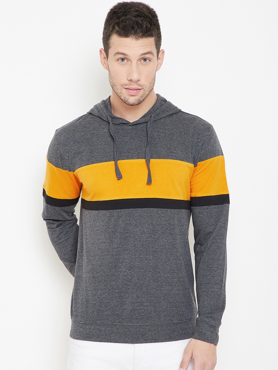 

GRITSTONES Men Grey Colourblocked Hooded T-shirt