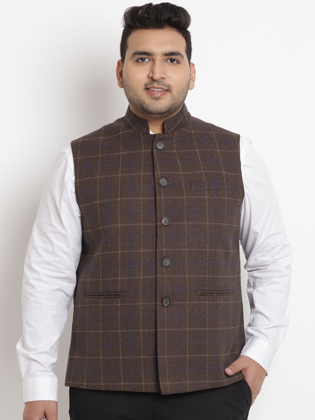 

John Pride Plus Size Men Brown Checked Woven Nehru Jacket