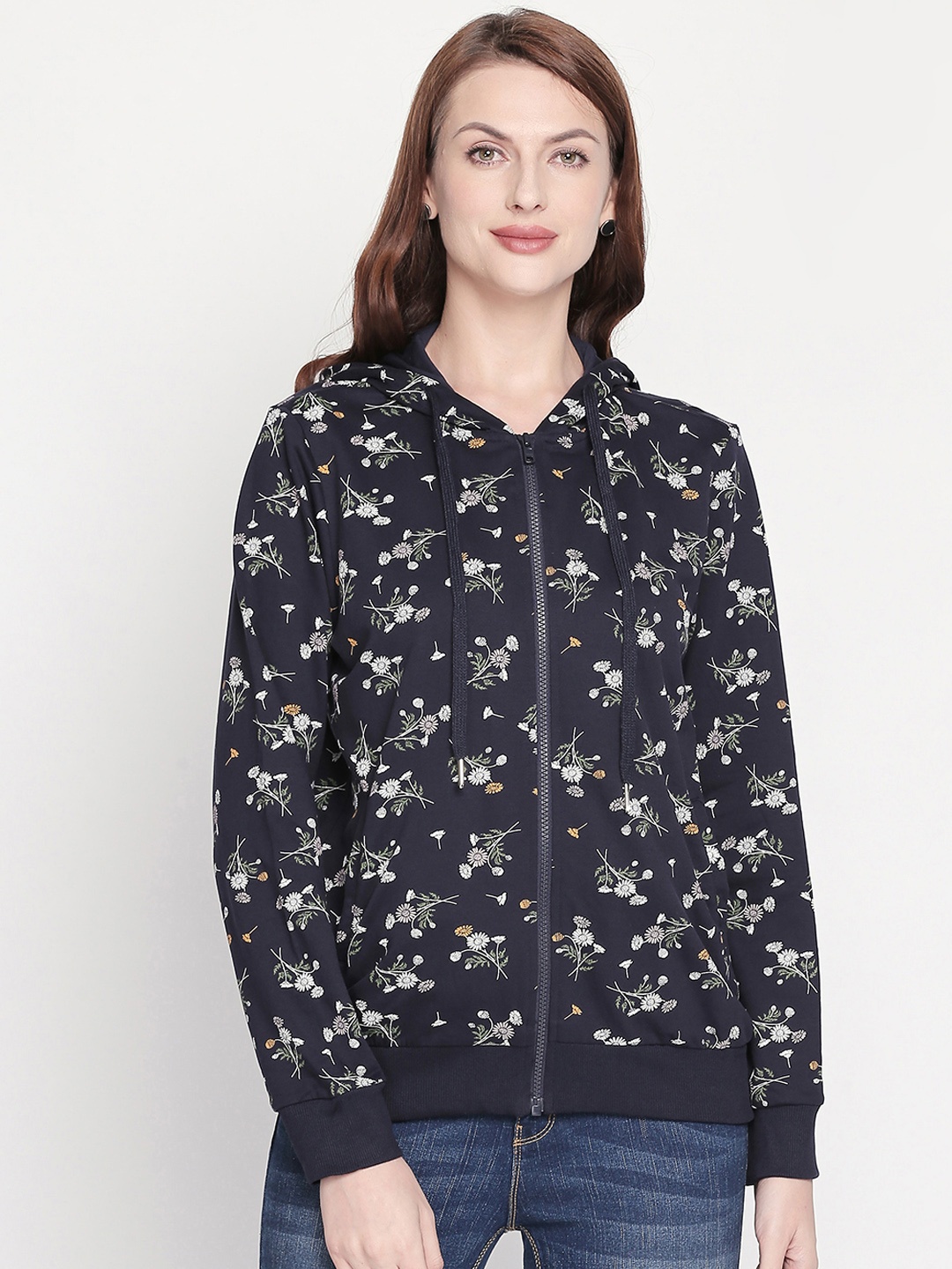 

Honey by Pantaloons Women Navy Blue & Off-White Printed Hooded Sweatshirt