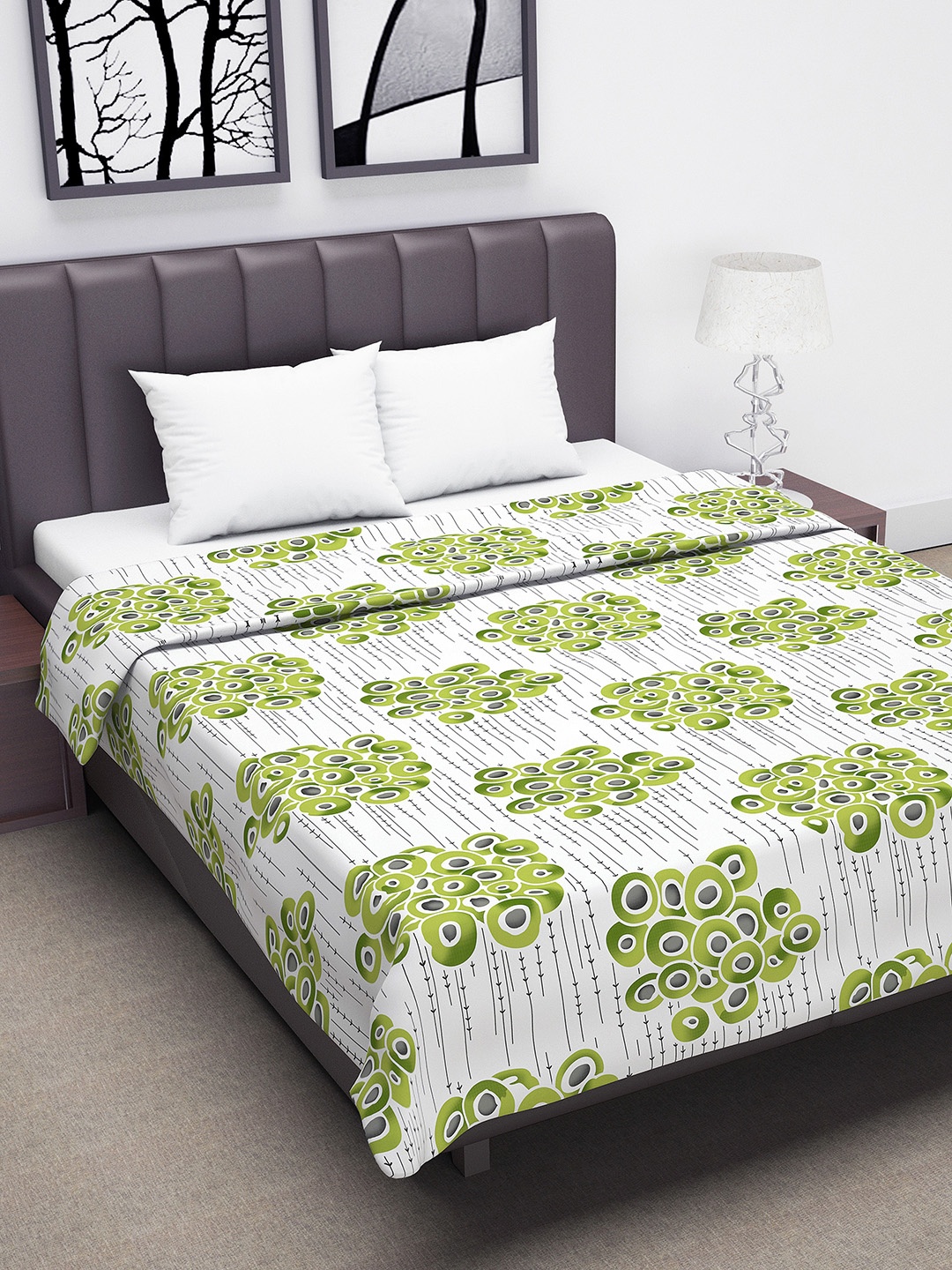 

Divine Casa White & Green Abstract AC Room 110 GSM Double Bed Dohar