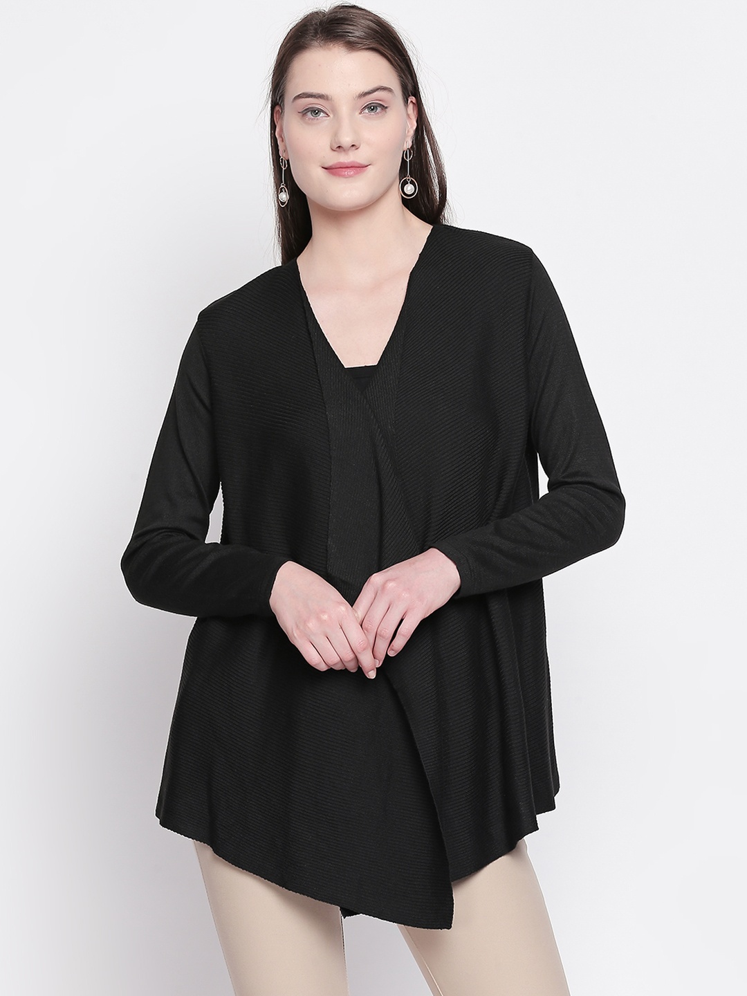 

Annabelle by Pantaloons Women Black Solid Open Front Winter Shrug