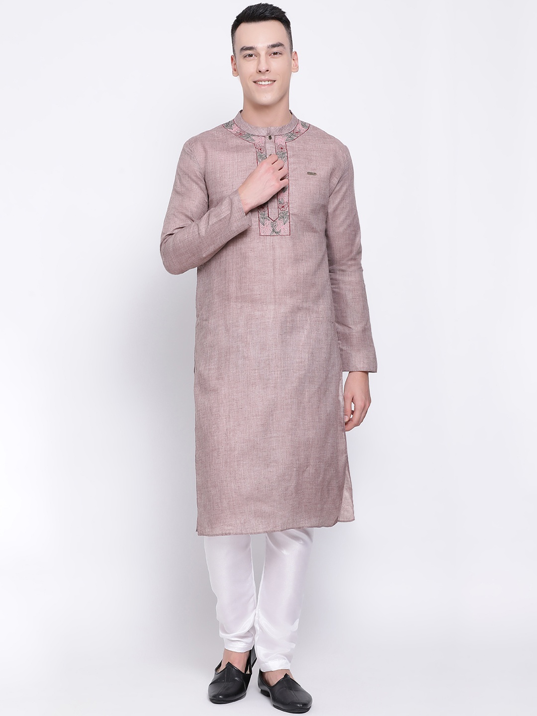 

DEVOILER Men Taupe & Magenta Solid Straight Kurta