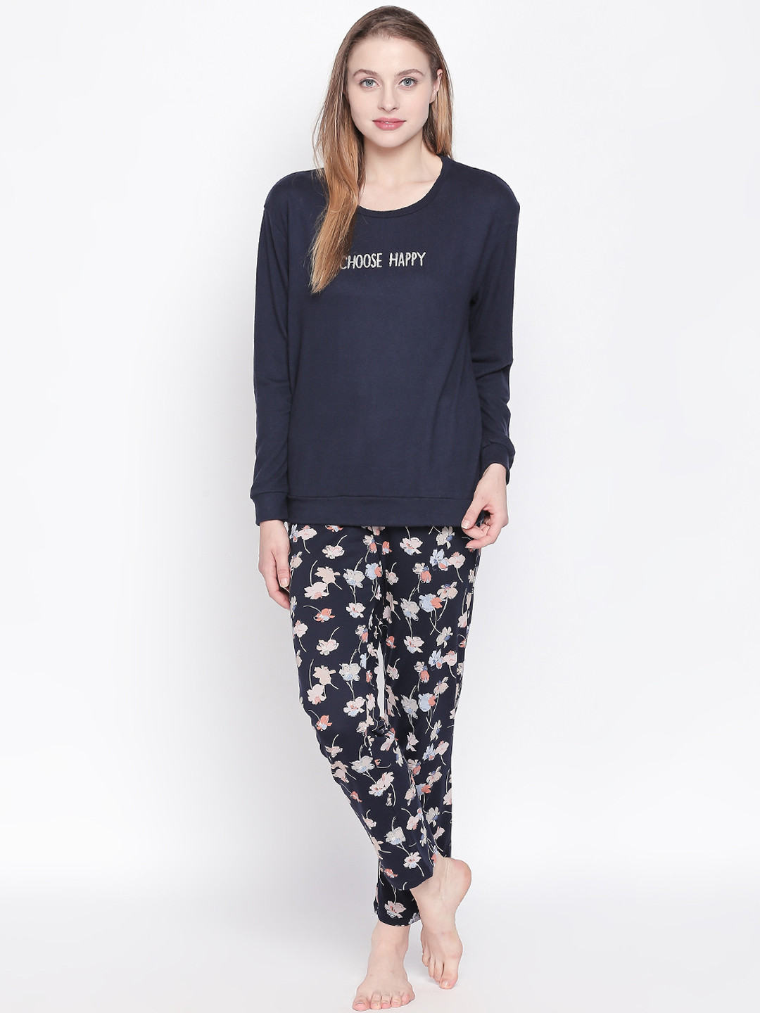 

Dreamz by Pantaloons Women Navy Blue Printed Round Neck Lounge T-shirt