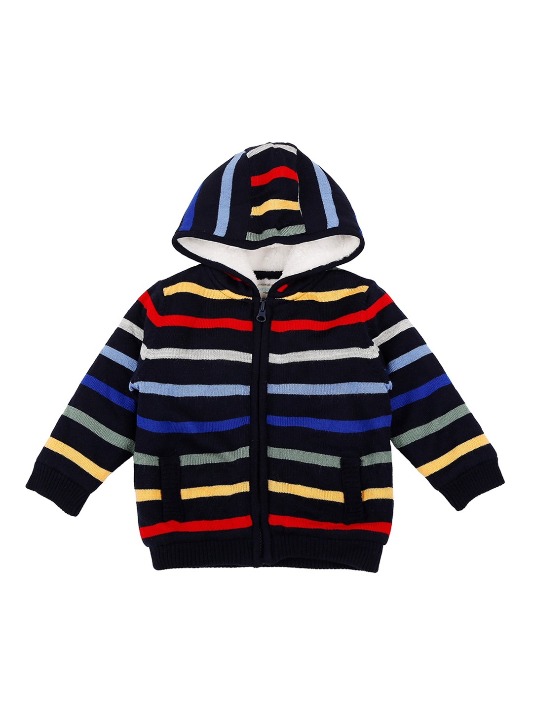 

Pantaloons Baby Boys Navy Blue Striped Hooded Sweater