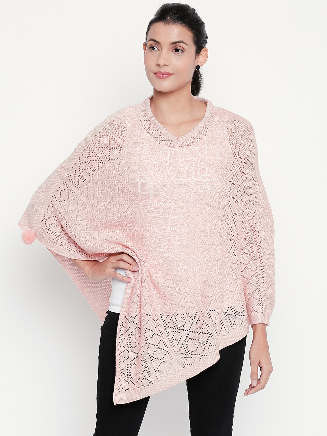 

AKKRITI BY PANTALOONS Women Pink Self Design Poncho Sweater