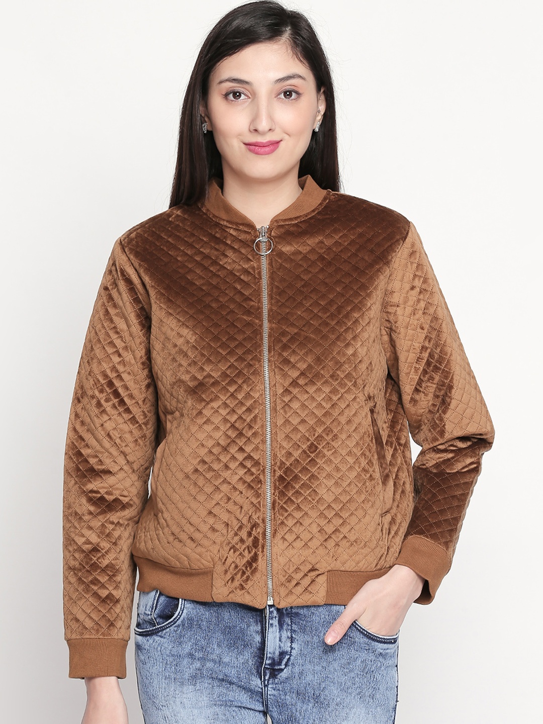 

Honey by Pantaloons Women Tan Brown Self Design Bomber Jacket
