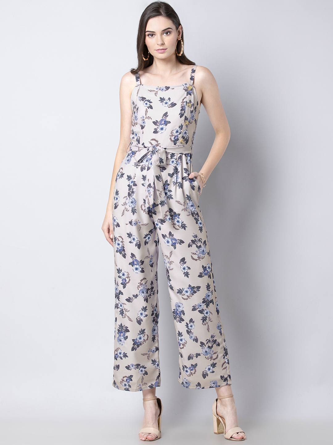 

FabAlley Women Grey & Blue Printed Basic Jumpsuit