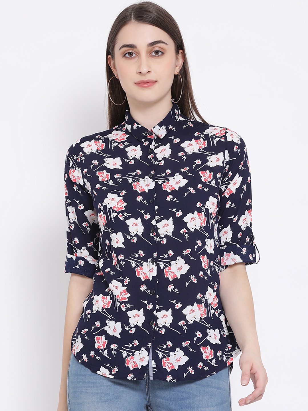 

Crimsoune Club Women Navy Blue & White Slim Fit Printed Casual Shirt