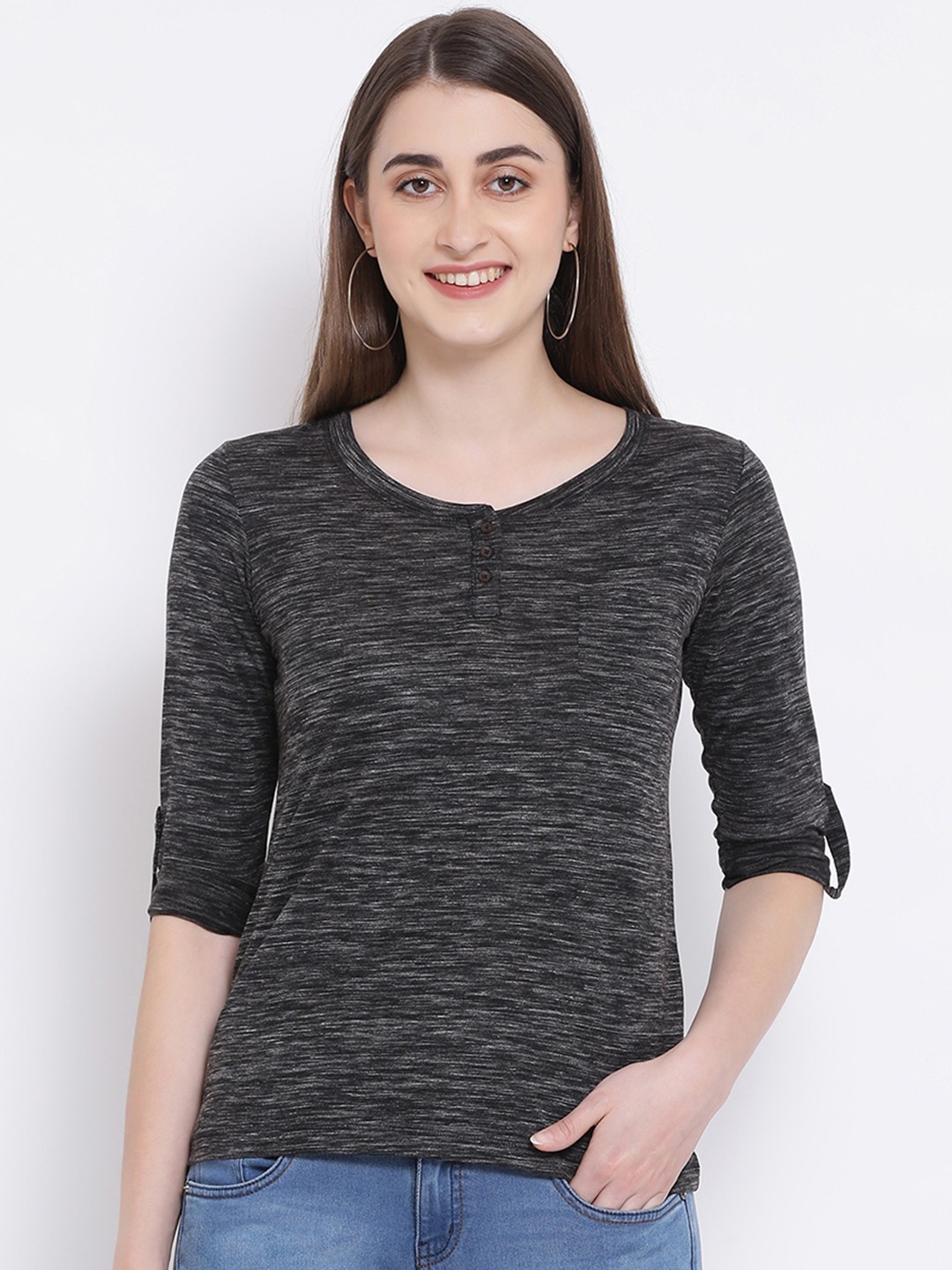 

Crimsoune Club Women Black Solid Henley Neck T-shirt