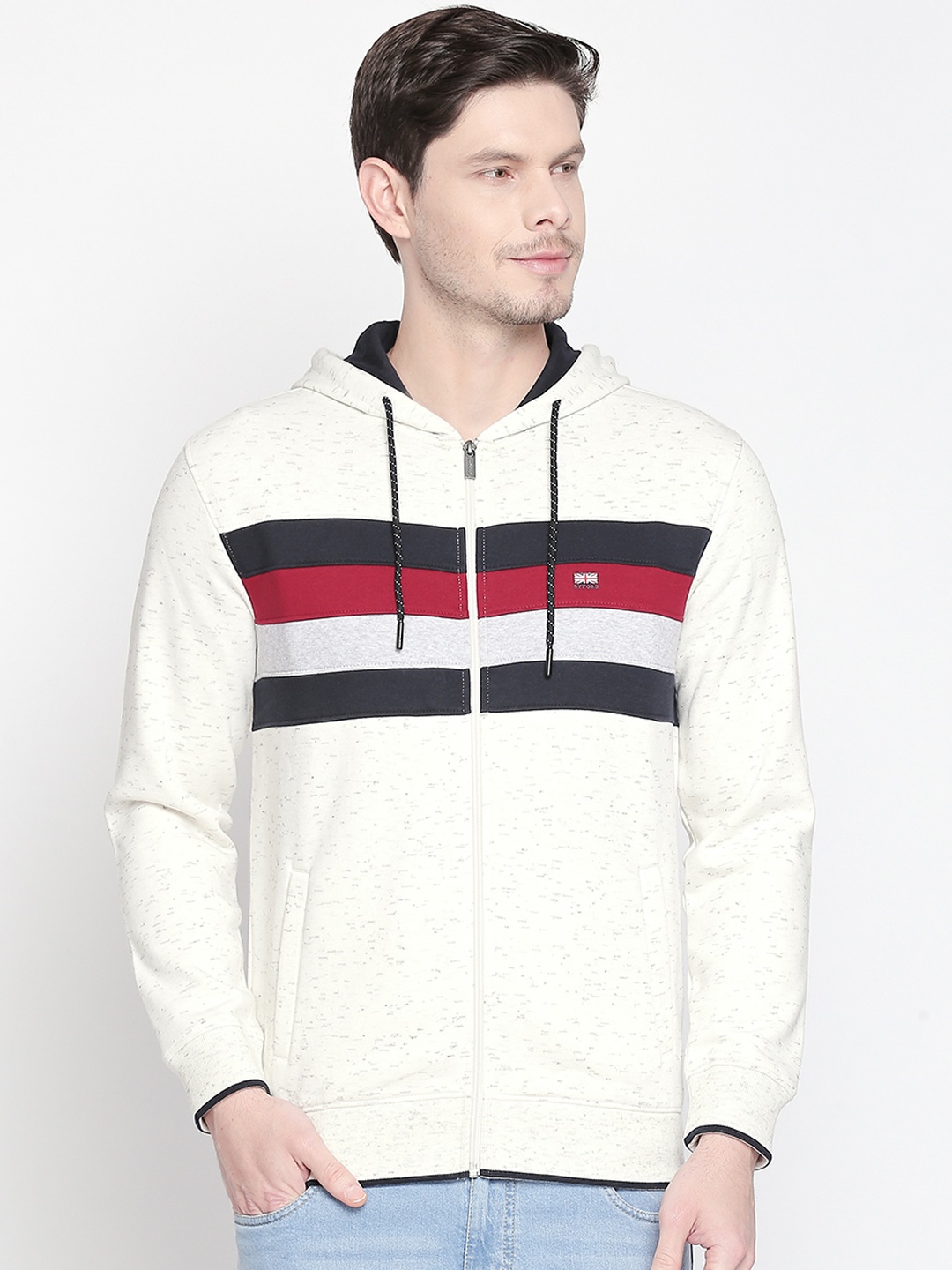 

BYFORD by Pantaloons Men Beige & Red Striped Hooded Sweatshirt
