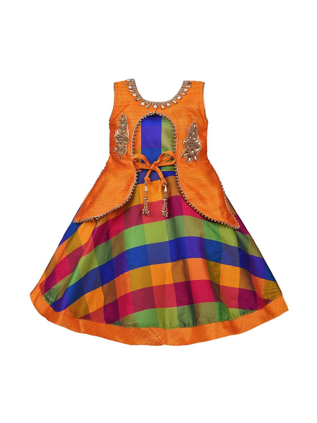 

Wish Karo Girls Orange & Blue Checked Satin Silk Fit and Flare Dress