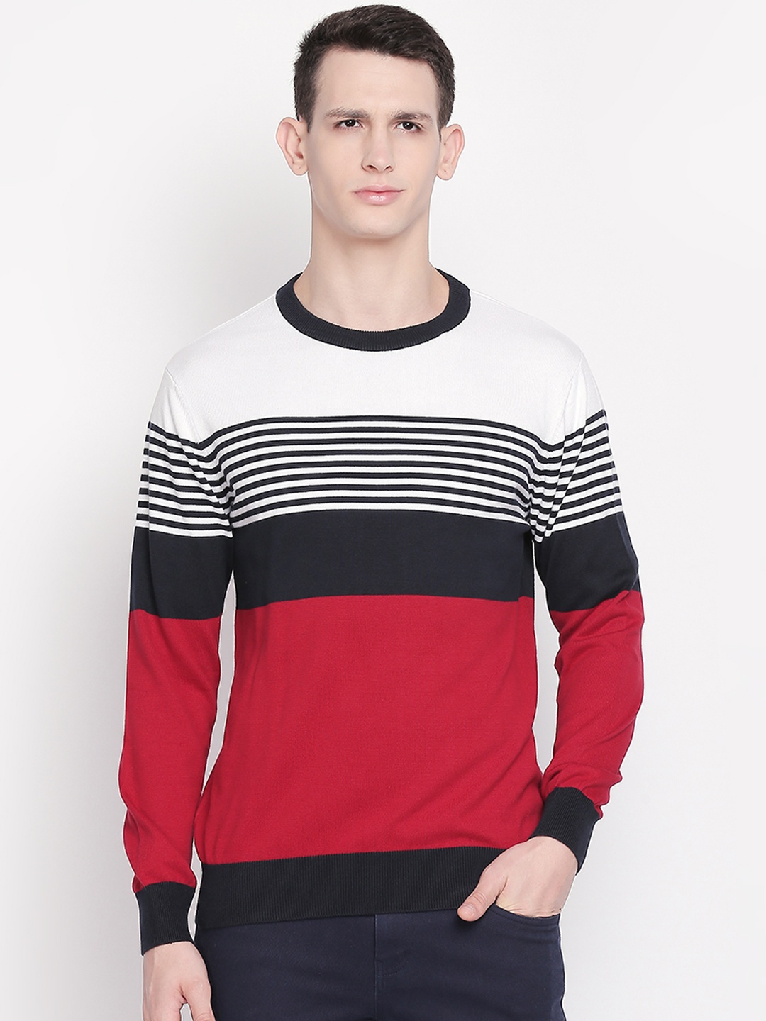 

BYFORD by Pantaloons Men Maroon & Black Striped Sweater