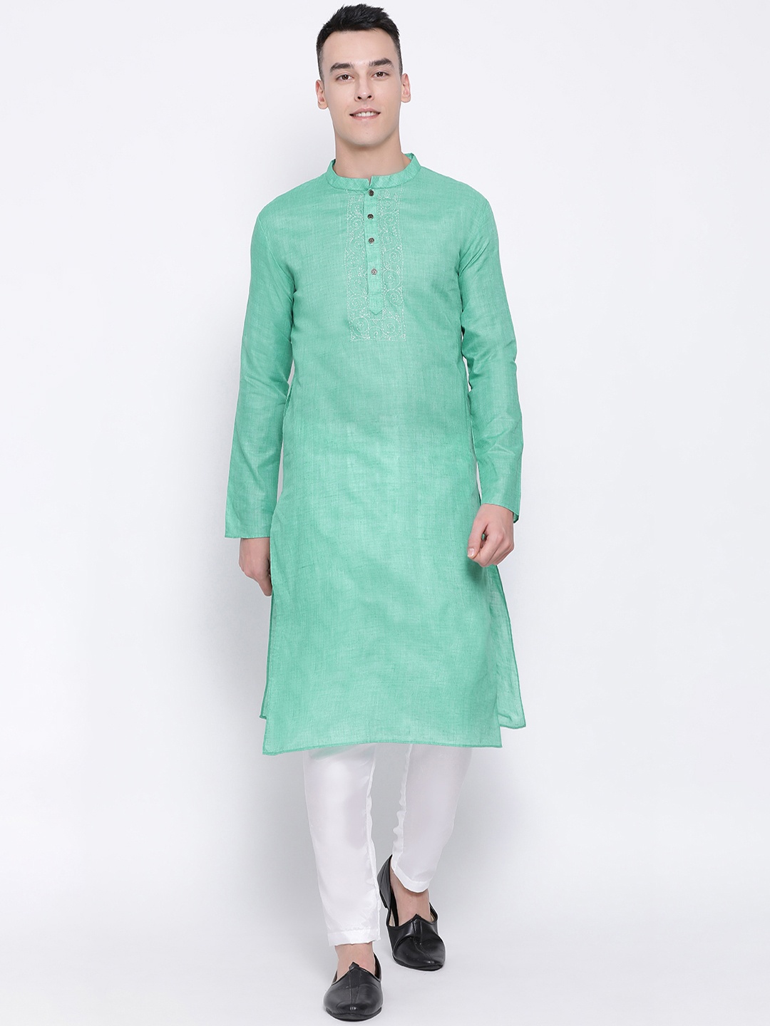 

DEVOILER Men Sea Green Solid Straight Kurta