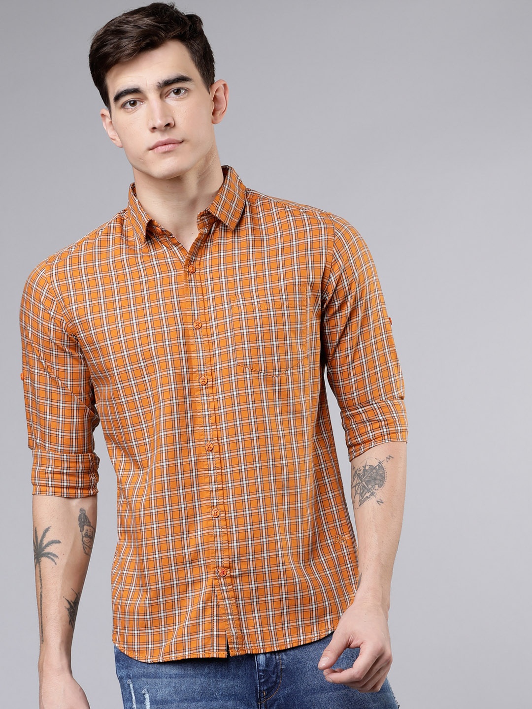 

LOCOMOTIVE Men Mustard Brown & Off-White Slim Fit Yarn Dyed Checked Casual Shirt