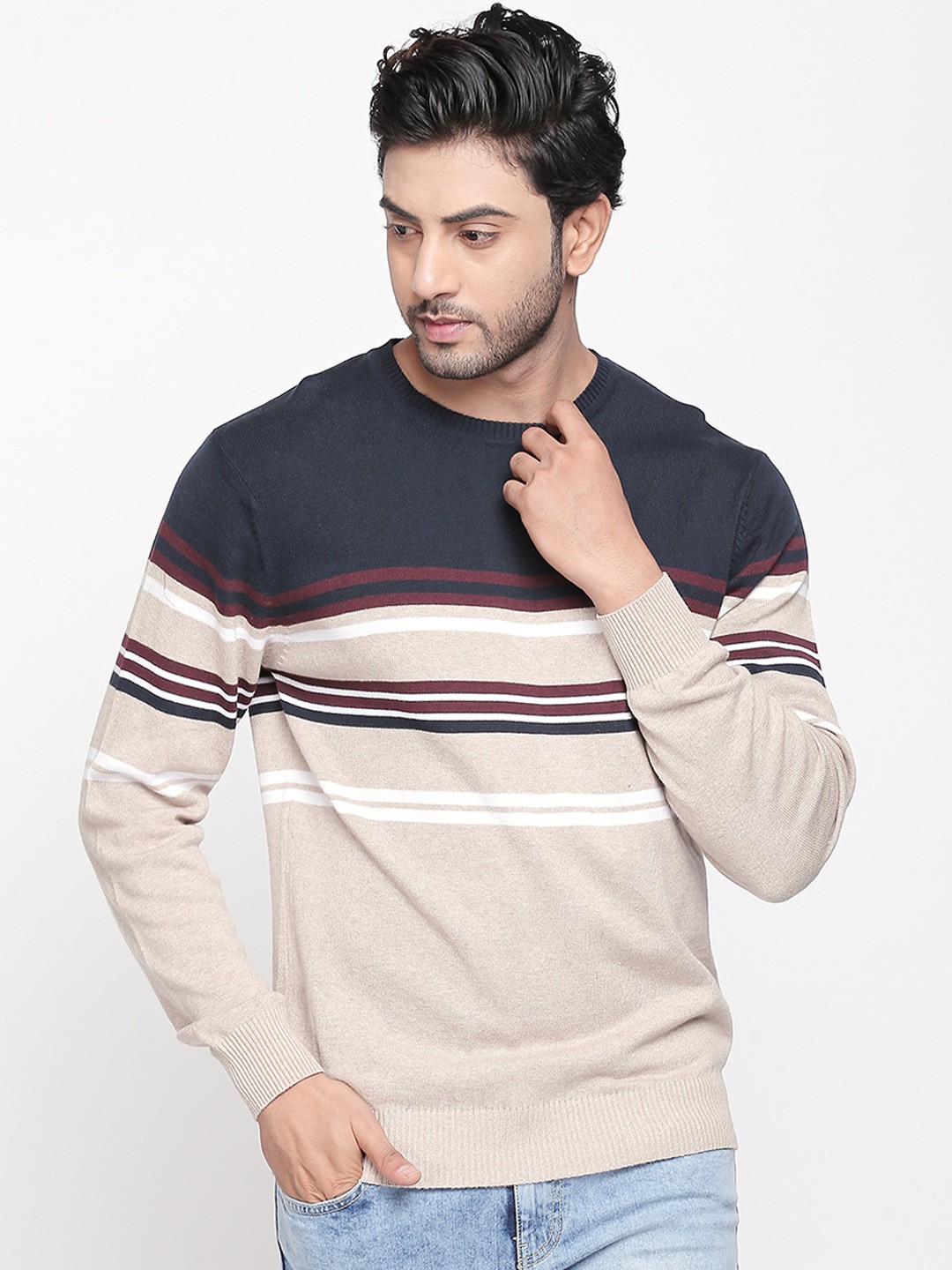 

BYFORD by Pantaloons Men Beige & Navy Blue Striped Sweater
