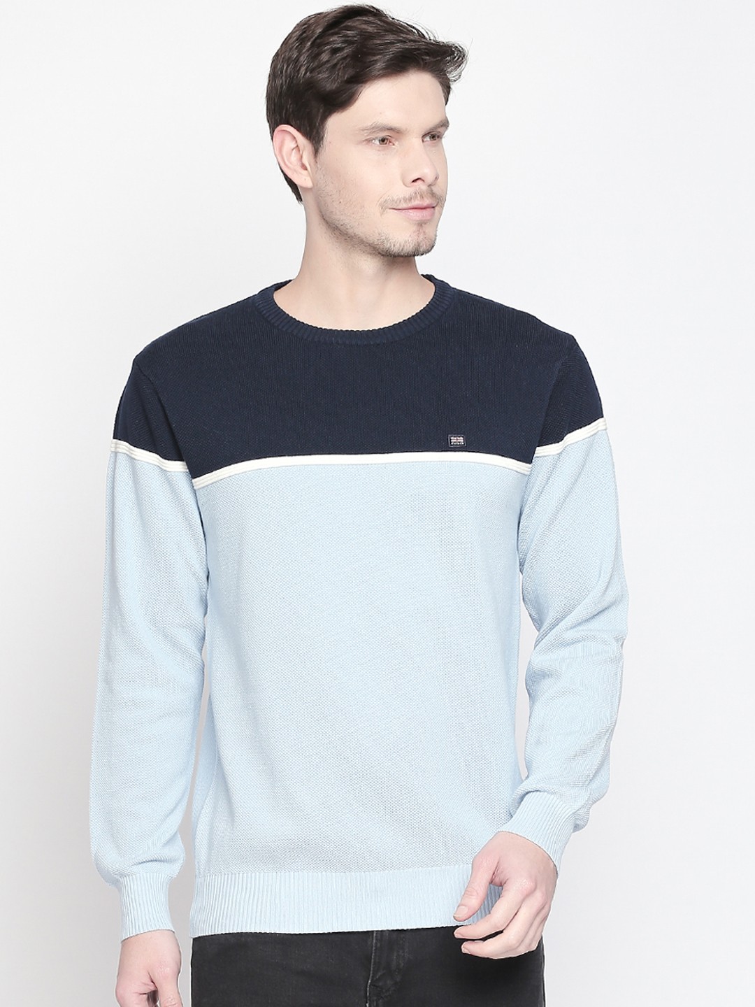 

BYFORD by Pantaloons Men Turquoise Blue Colourblocked Sweater