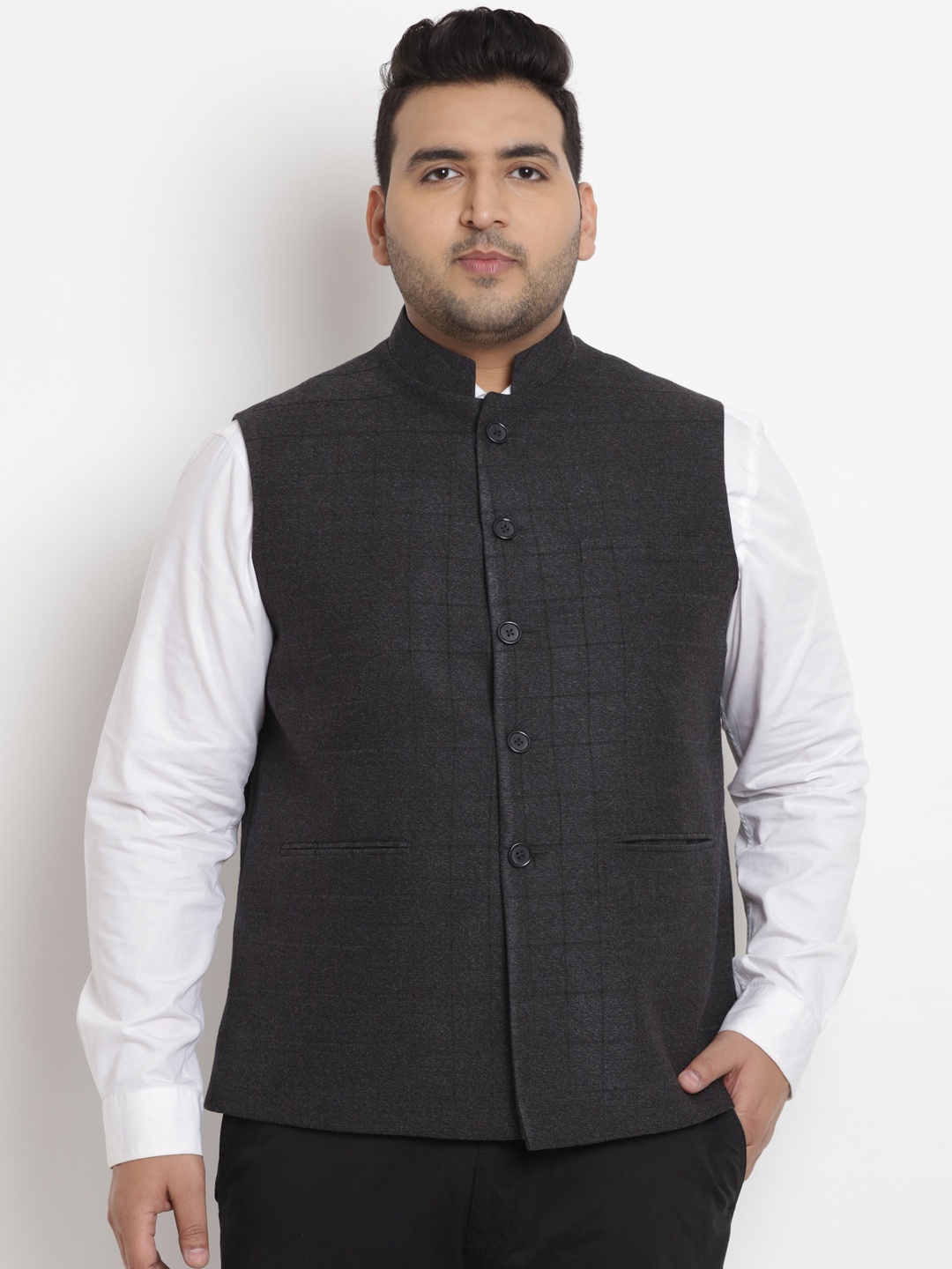 

John Pride Plus Size Men Black Checked Woven Nehru Jacket