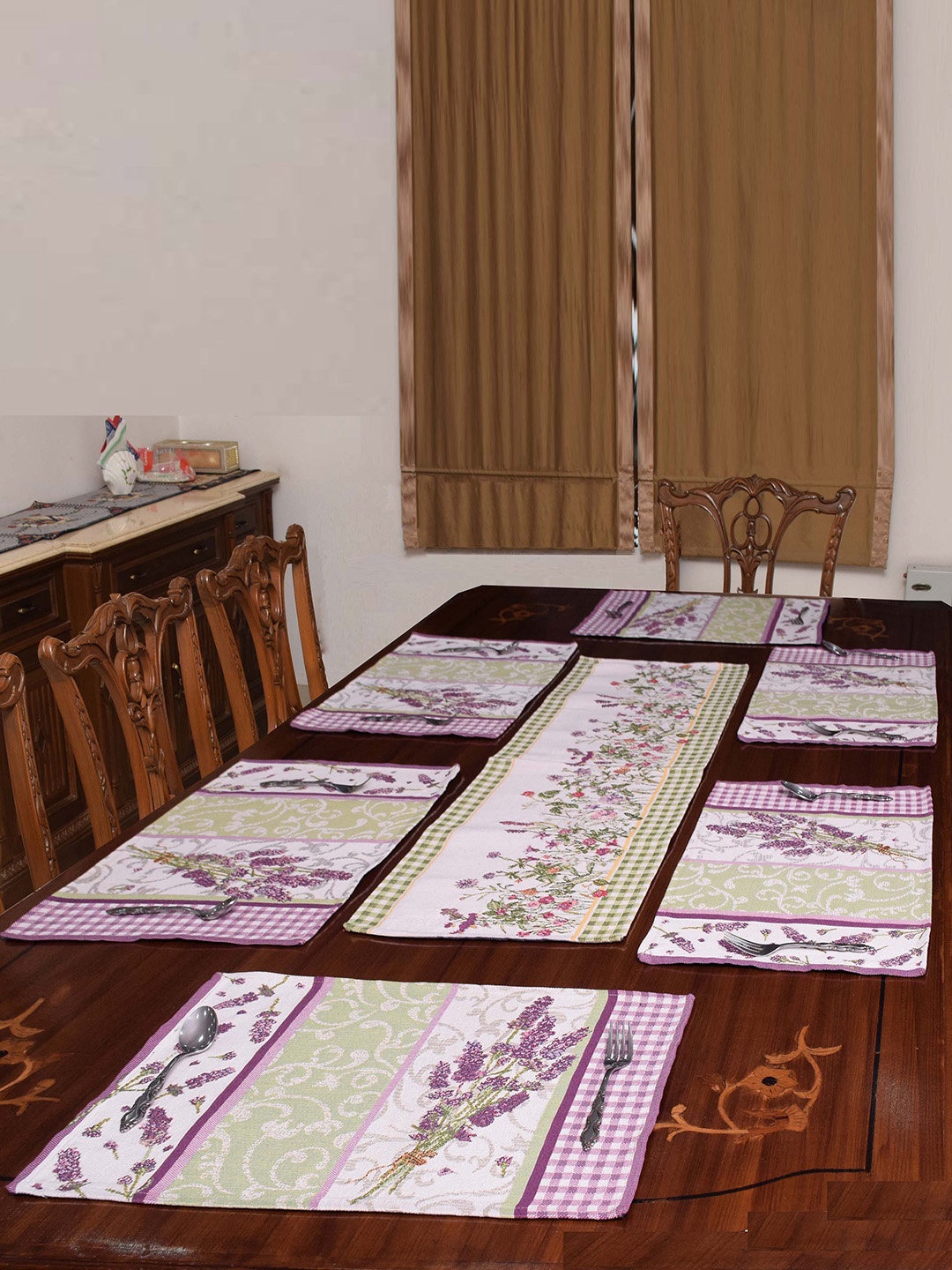 

Avira Home Set of 7 Green & Purple Jaquard Woven Table Placemats With Runner