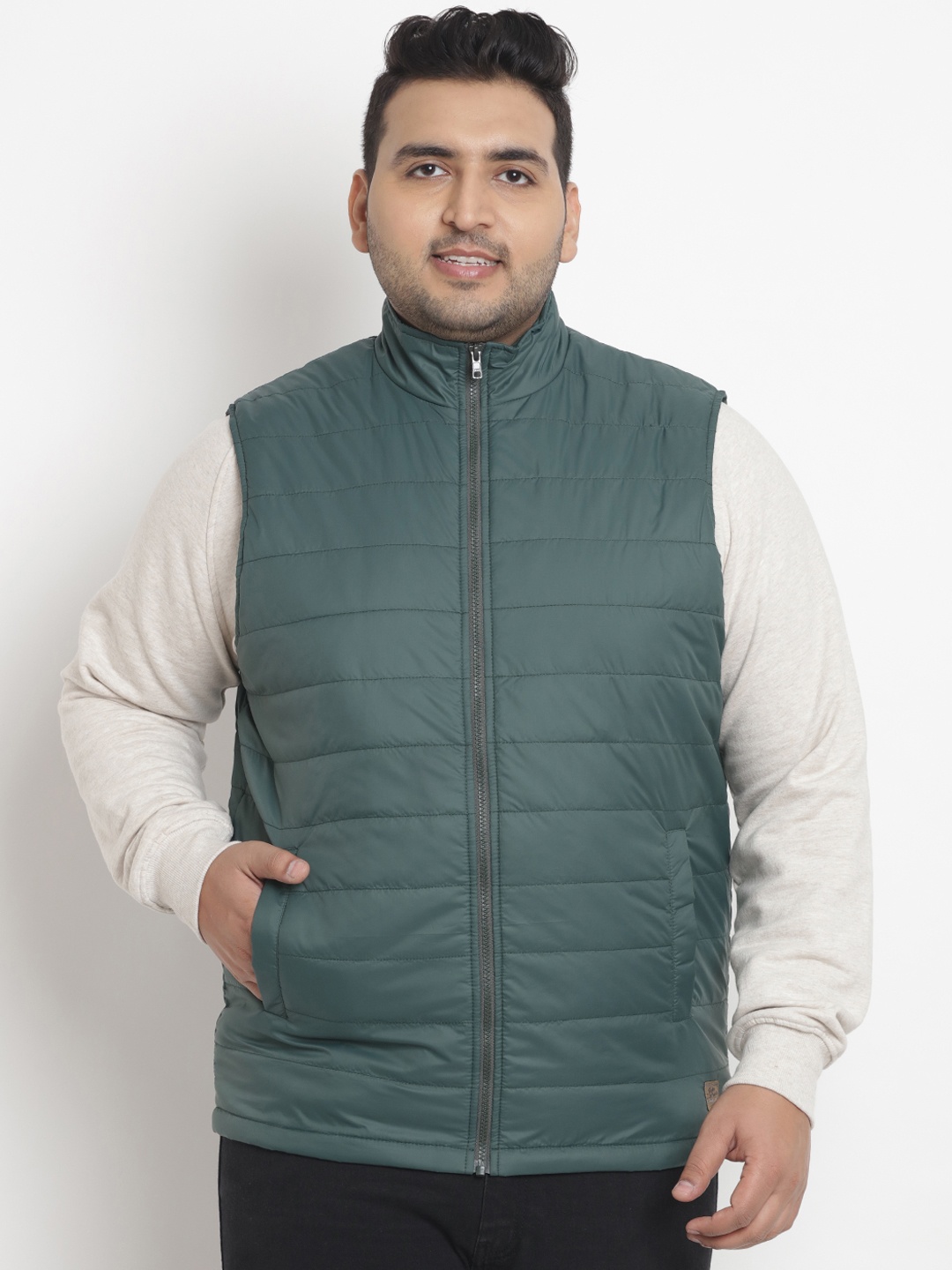 

John Pride Plus Size Men Olive Green Solid Puffer Jacket