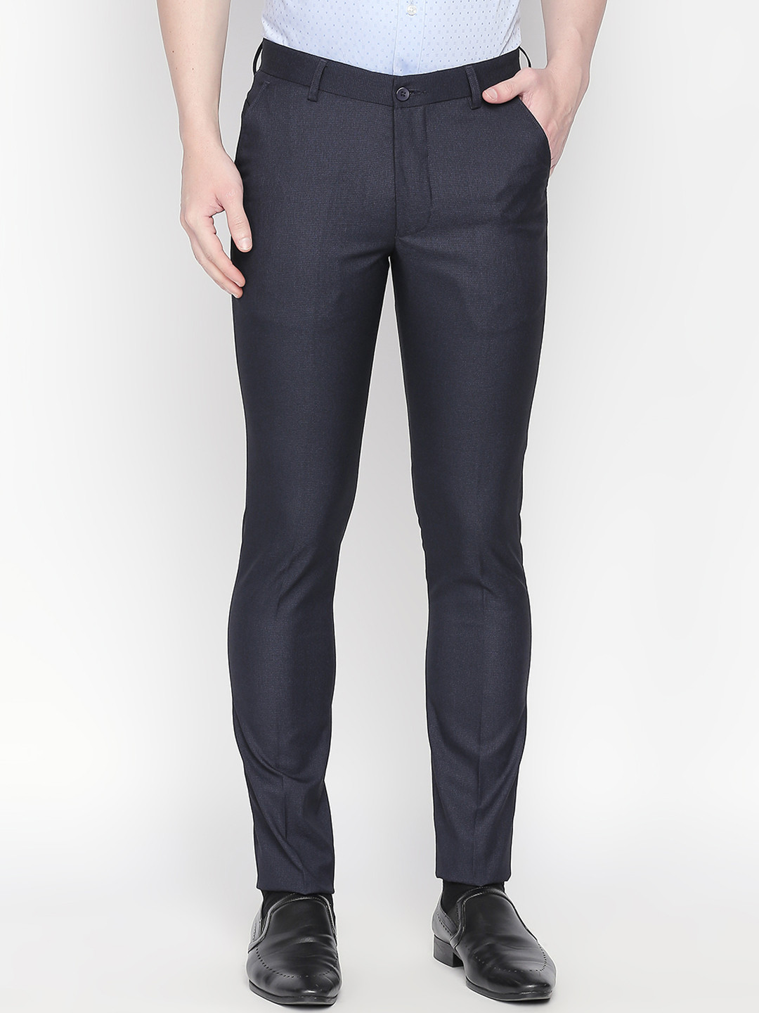 

Solemio Men Navy Blue Slim Fit Self Design Formal Trousers