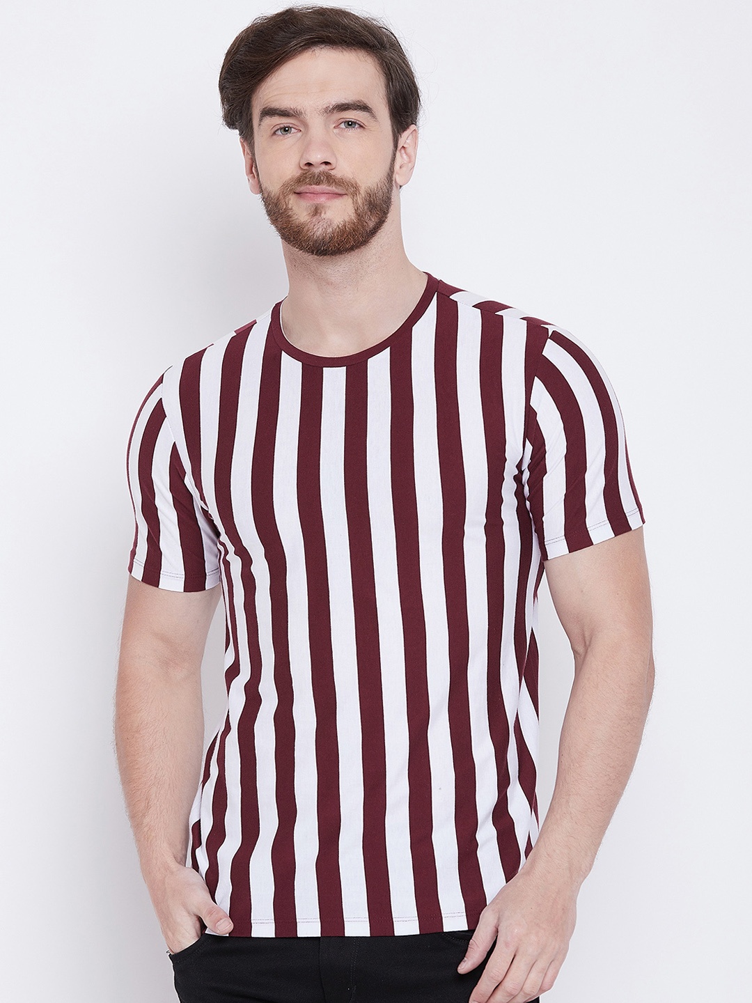 

LE BOURGEOIS Men Maroon Striped Round Neck Pure Cotton T-shirt