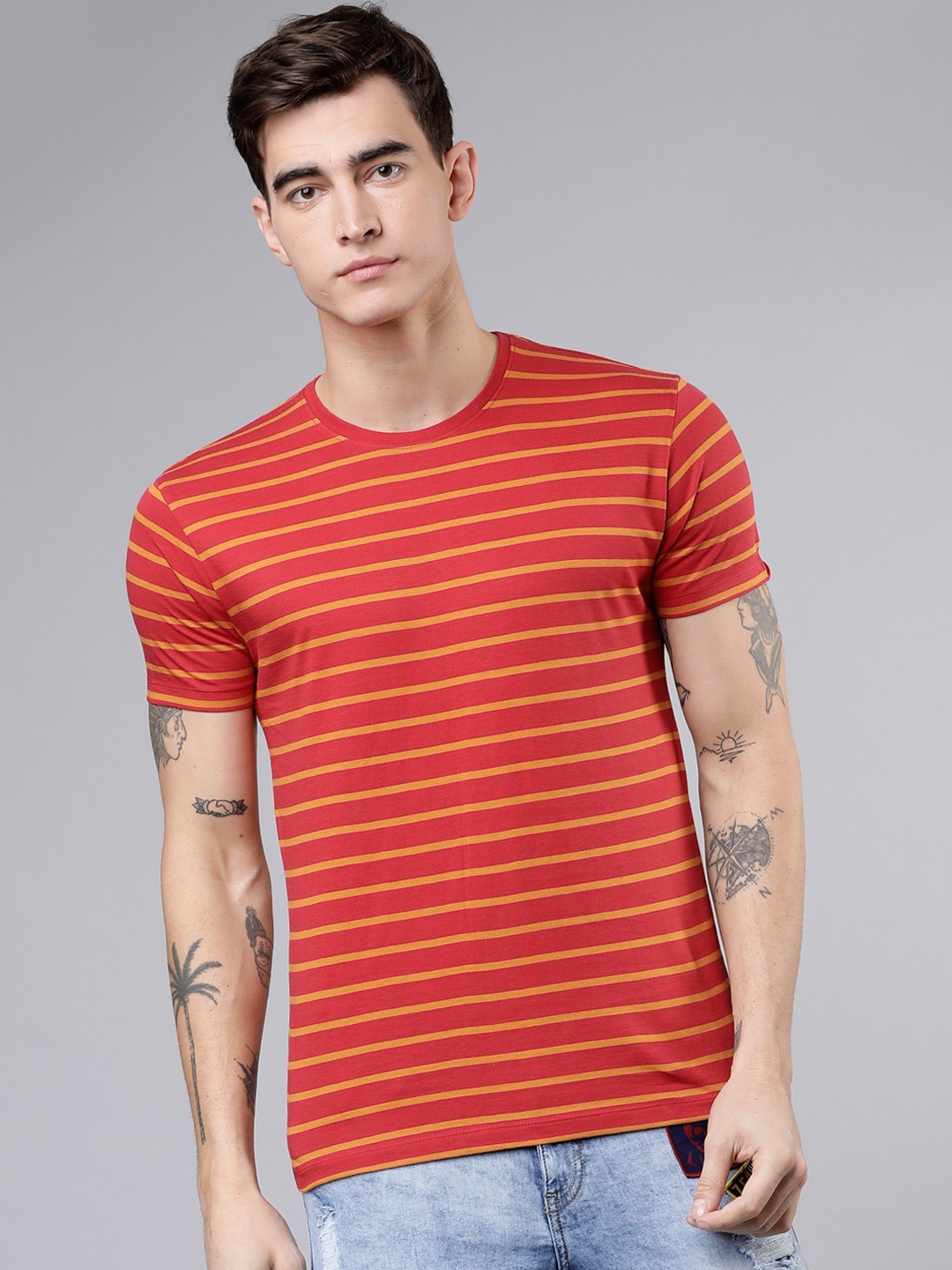 LOCOMOTIVE Men Red Striped Round Neck T-shirt