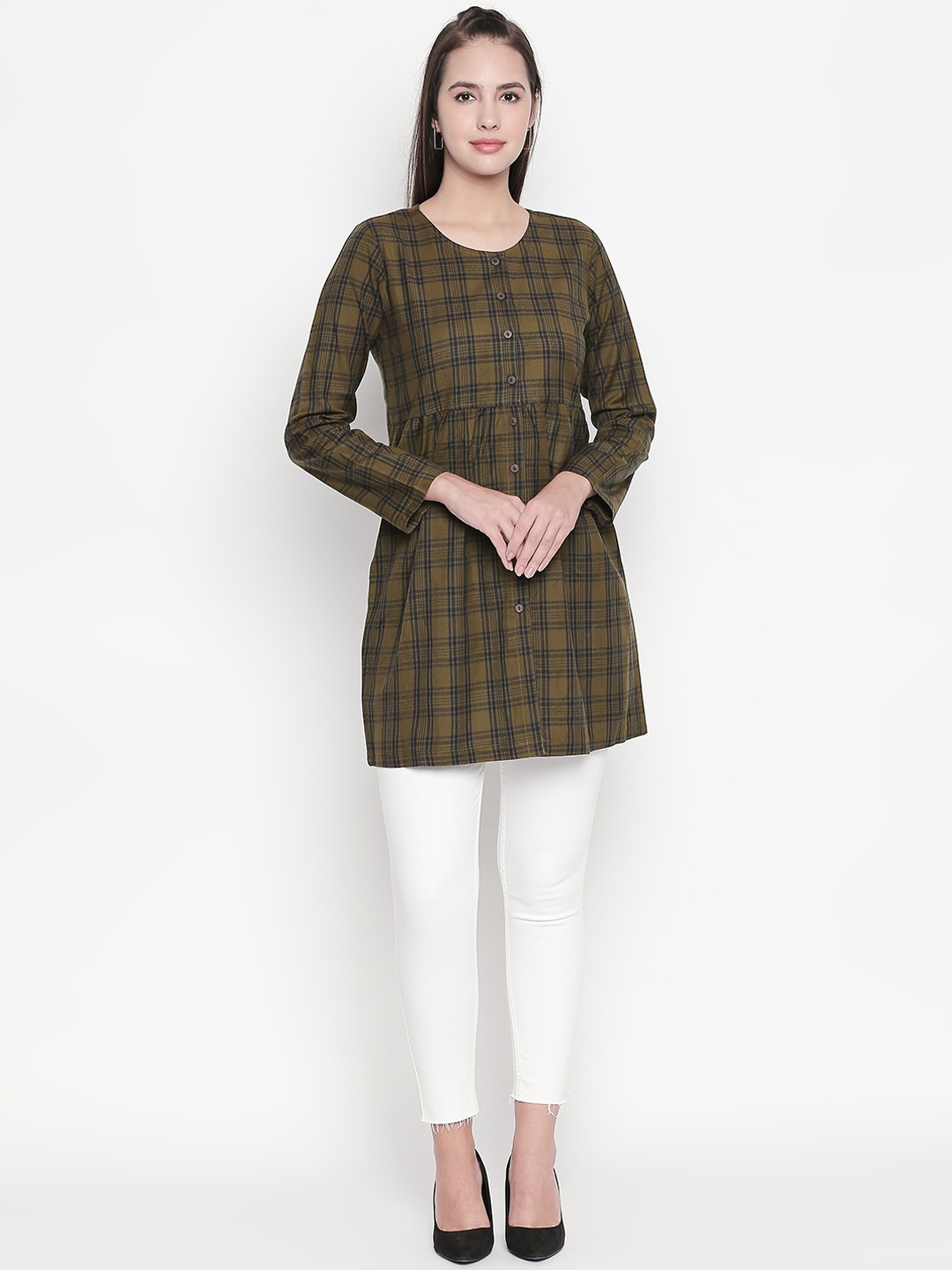 

Akkriti By Pantaloons Women Green & Black Checked Tunic